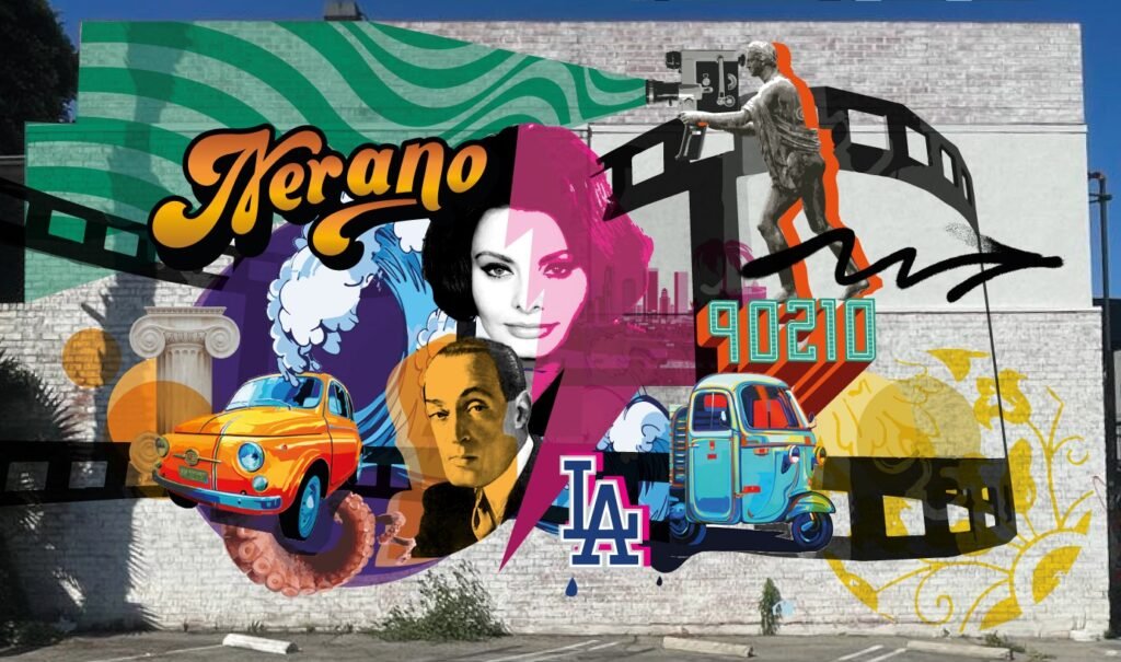 Murales a Los Angeles molto colorato che raffigura un videomaker e una pellicola che racchiude illustrazioni che richiamano a dei film famosi ambientanti a Los Angeles